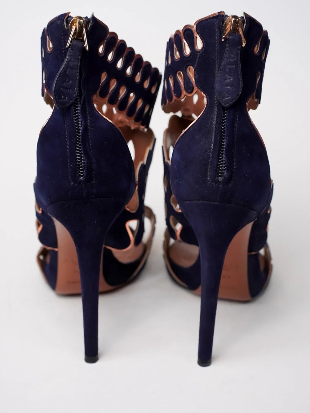 Alaïa Suede Gladiator Scalloped Stiletto Sandals Navy Blue Gold 38.5 US 8.5